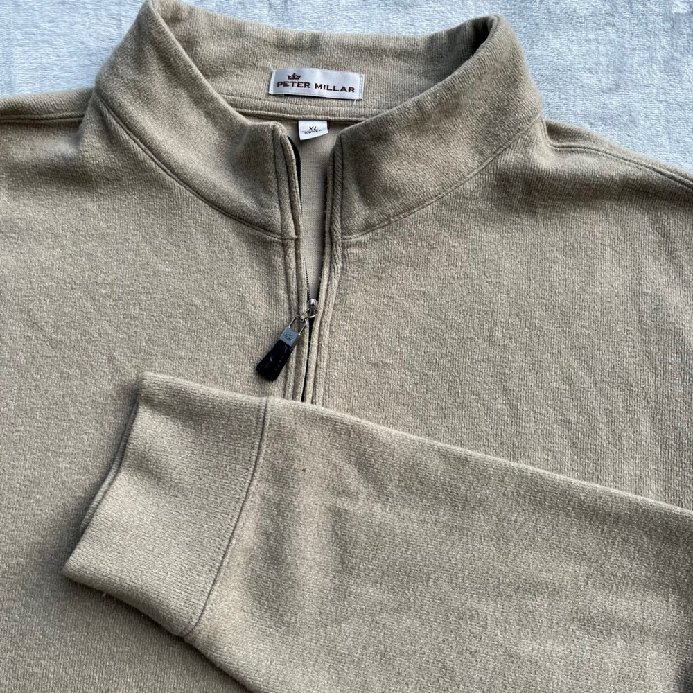 Peter Millar Mens XL Tan Beige Quarter Zip Pullover Knit Sweater Mock Neck
